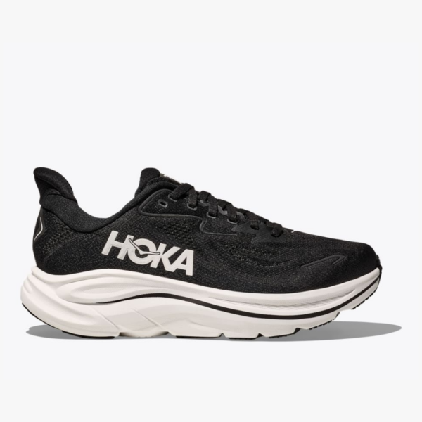 Black and White Hoka clifton 10 running shoe