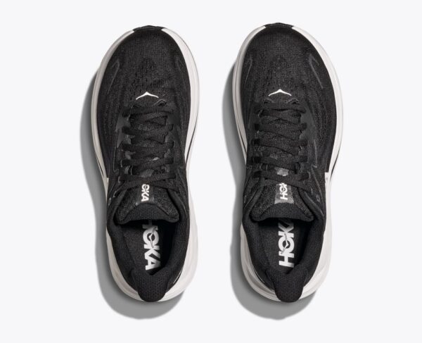 Black and White Hoka clifton 10 running shoe top view