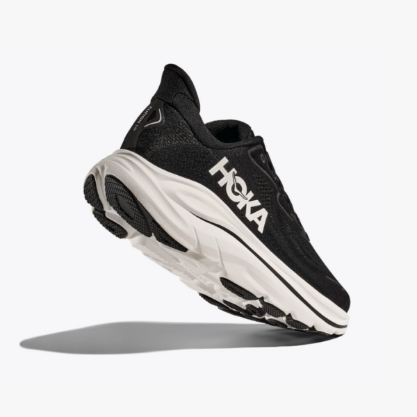 Black and White Hoka clifton 10 running shoe side angle