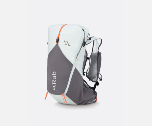 Rab Veil XP 20L running rucksack. Lightweight pack with hydration holders. White and black.