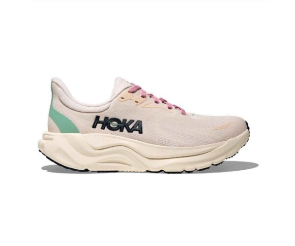 Hoka ARahi 8 womens stability running shoe in cream with rose shoe laces