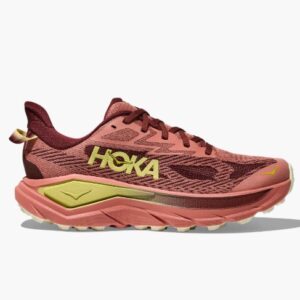 Hoka Challenger 8 womens all terrain run and hike shoe in blush with yellow writing