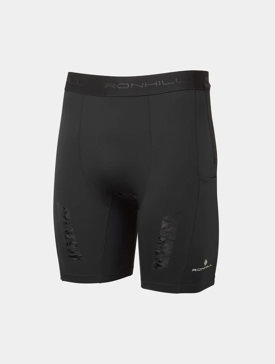 Black mens fitted running shorts with storage pockets